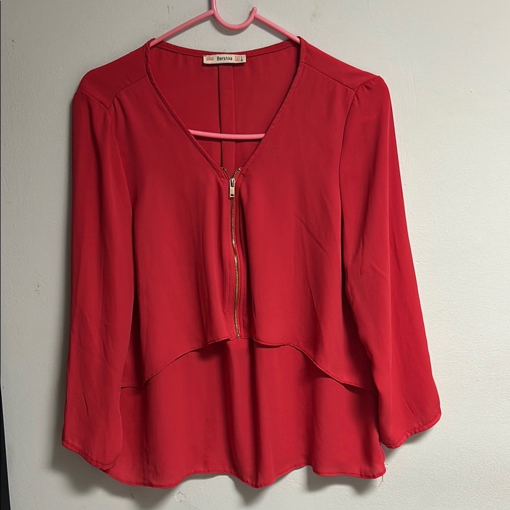 Bershka Red Asymmetrical 3/4 Sleeve Blouse